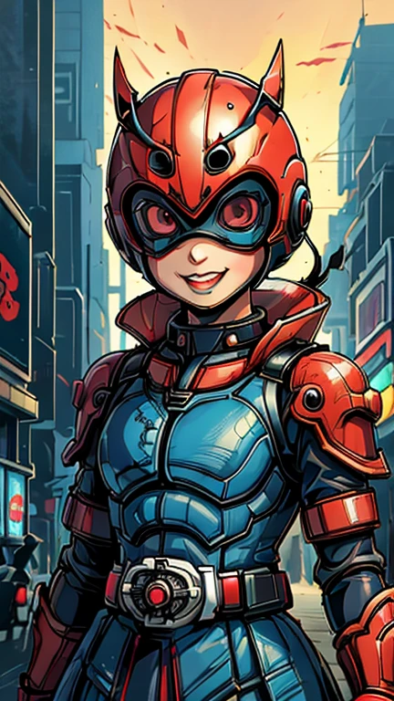 (8k),(masterpiece),(Japanese),(8-year-old girl),((innocent look)),((Childish)),From the front,smile,cute,Innocent,Kind eyes,Flat chest, red helmet,blue domino mask, snow white, bald,no Hair,Strong wind,night,dark, Neon light cyberpunk city,Kamen_Rider,camisa