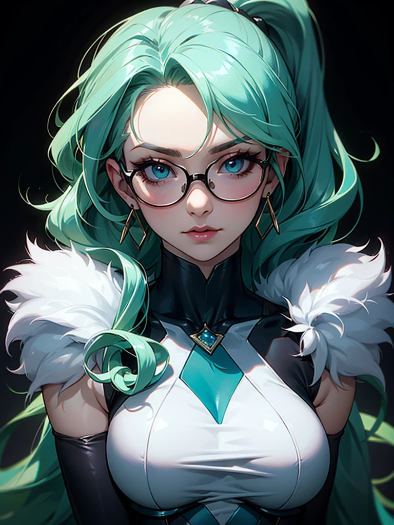 ((Portrait)), She has an Alluring, Crystal Green Haired Appearance, with an Athletic Build and Pale Skin. She has Striking Turquoise Eyes, Expresses an Graceful and Intelligent Look, Giving Off a Regal Attitude. Her Hair is Long and Wavy, Tied in a High Ponytail, with Strands Falling Over Her Forehead. She Wears a Tight High-Cut Sleeveless Bodysuit with an Open Neckline, Emphasizing Her Thick Breasts, Accompanied by a Glasses and Earrings. ((Portrait, HDR, Dark Background))