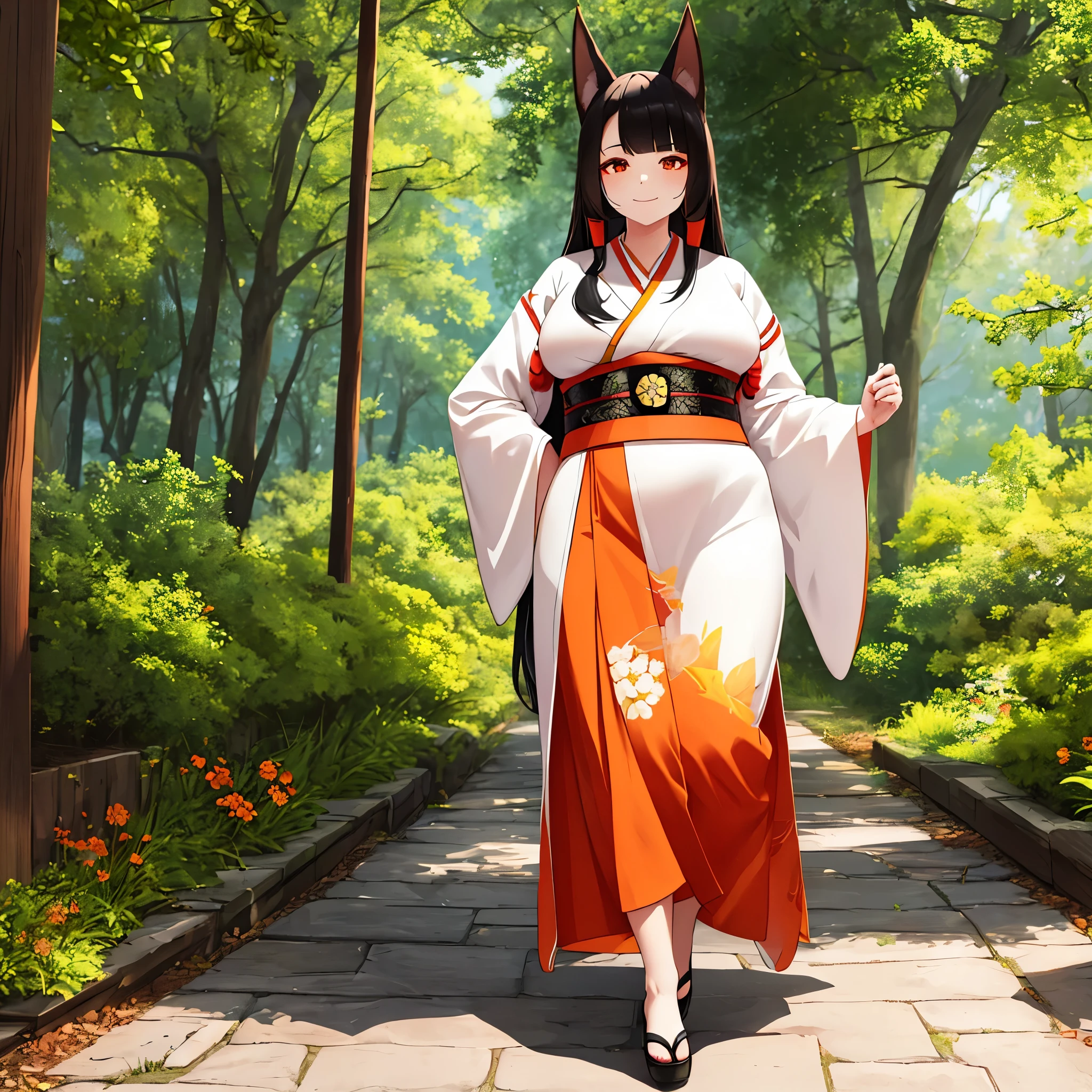 A woman wearing a white kimono with drawings of autumn flowers, walking on a walk in a forest in the autumn period, Japanese shoes, orange eyes, black hair, kitsune ears, kitsune tails, multi-tails, smiling, big breasts, posture standing, daytime location, a view of the forest, background with orange filter,.UHD , prime work , accurate , anatomically correct , textured skin , super details , high quality , best quality, 8k, high resolution, bokeh effect. (woman solo)
