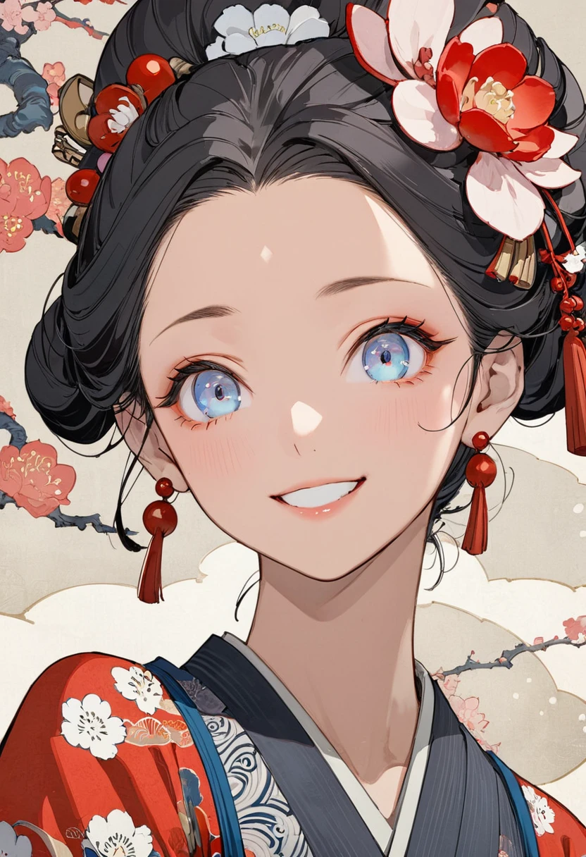 ( best quality:1.2), 1 Girl only,((ukiyoe)),big smiling, Exquisite makeup, Exquisite eyes, Eye detail,forehead