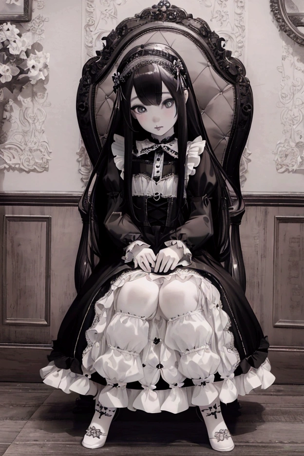 a beautiful 10 year old gothic lolita girl with long black hair sitting on a royal white chair, her feet not touching the floor, (best quality,4k,8k,highres,masterpiece:1.2),ultra-detailed,(realistic,photorealistic,photo-realistic:1.37),HDR,intricate details,highly detailed face,beautiful eyes,fine detailed skin, ornate chair, dramatic lighting
