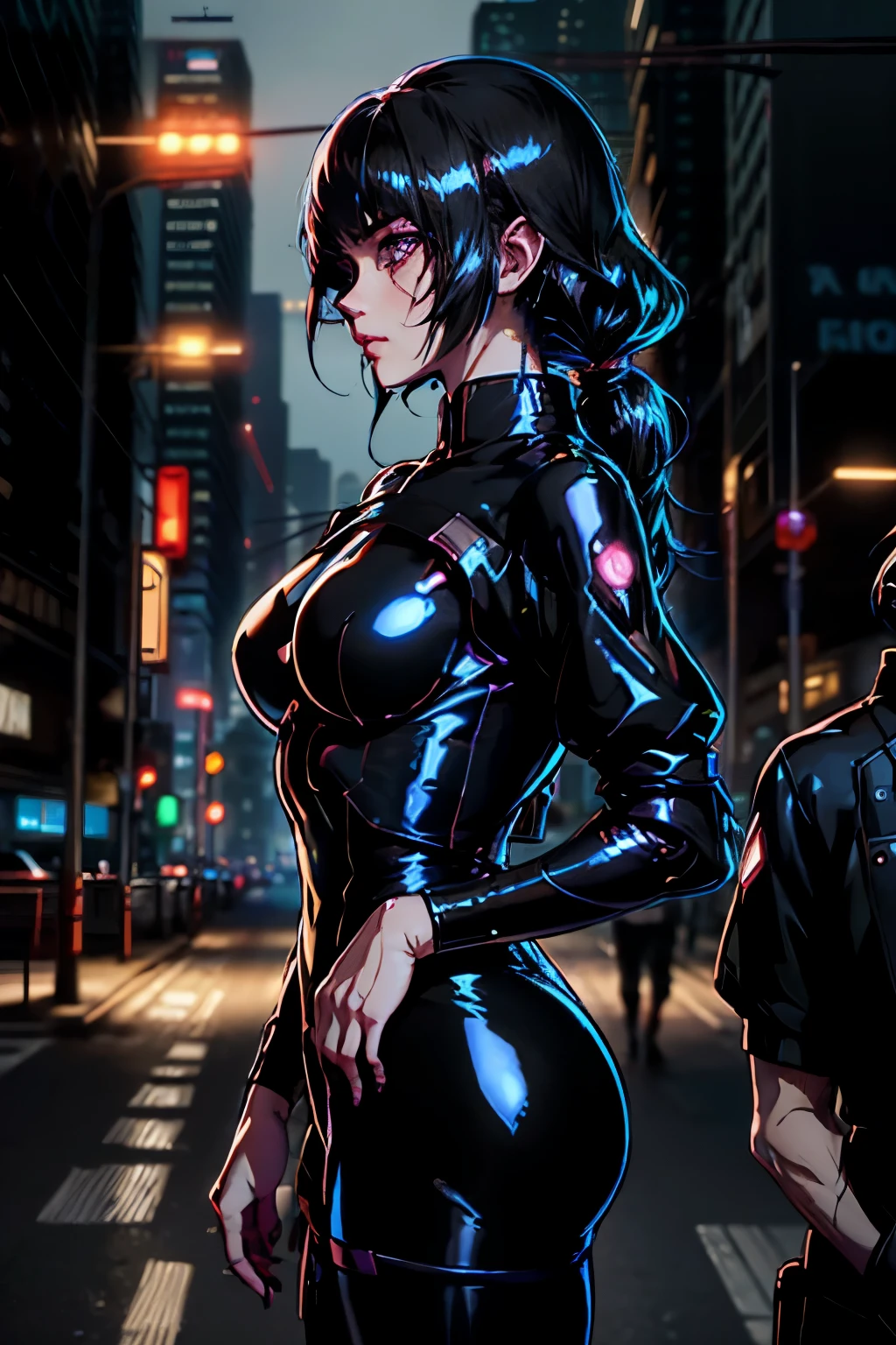 solo, Sasha Yakovleva, Cyberpunk, Edgerunner, Night City, cyberpunk character concept art, ((masterpiece)),((high resolution)),((best quality)), extremely fine and beautiful, super fine illustration, (realistic skin), (insanely detailed anime eyes), homeless, dirty, stained, dirt, lone woman, vivid and beautiful, shocking sensation, incredibly detailed, beautiful detailed girl, innocent, (medium supple breasts:1.0), side view, facing at viewer, (dirty loose dark shirt, loose dirty pants:1.0), ((black hair)), (long hair), (plump thighs:0.6), (wide hips:0.6), movie lighting, weighted shadows, weighted hair, realistic physics, perfect shadow, realistic lighting shaded, cyberpunk crowded street scenery