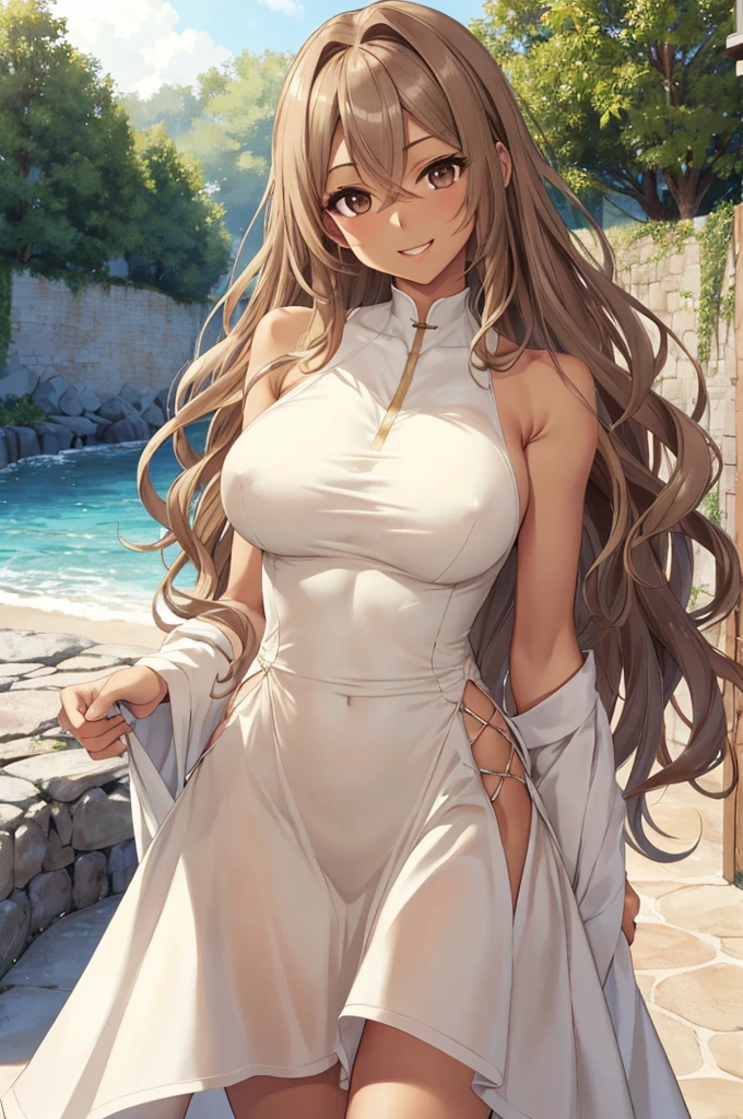 NSFW、tall、Toned body、slim body、((masterpiece))、((Highest quality))、((detailed)、((Adult female))、(((Light brown skin)))、((Shoulder-length wavy hair))、amount、(Light brown hair)、((Slanted Eyes))、Large Breasts、photograph、美しくdetailedな顔、detailedな目、Bright smile、Outdoor、Sleeveless white dress