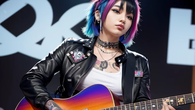 Japanese young beautiful girl idol、Full Body Tattoo、Playing guitar、Rainbow Mohawk、Expose large breasts、Skin-revealing punk fashion、Piercings all over the body、Leather jacket covered in studs、Full body tattoos、