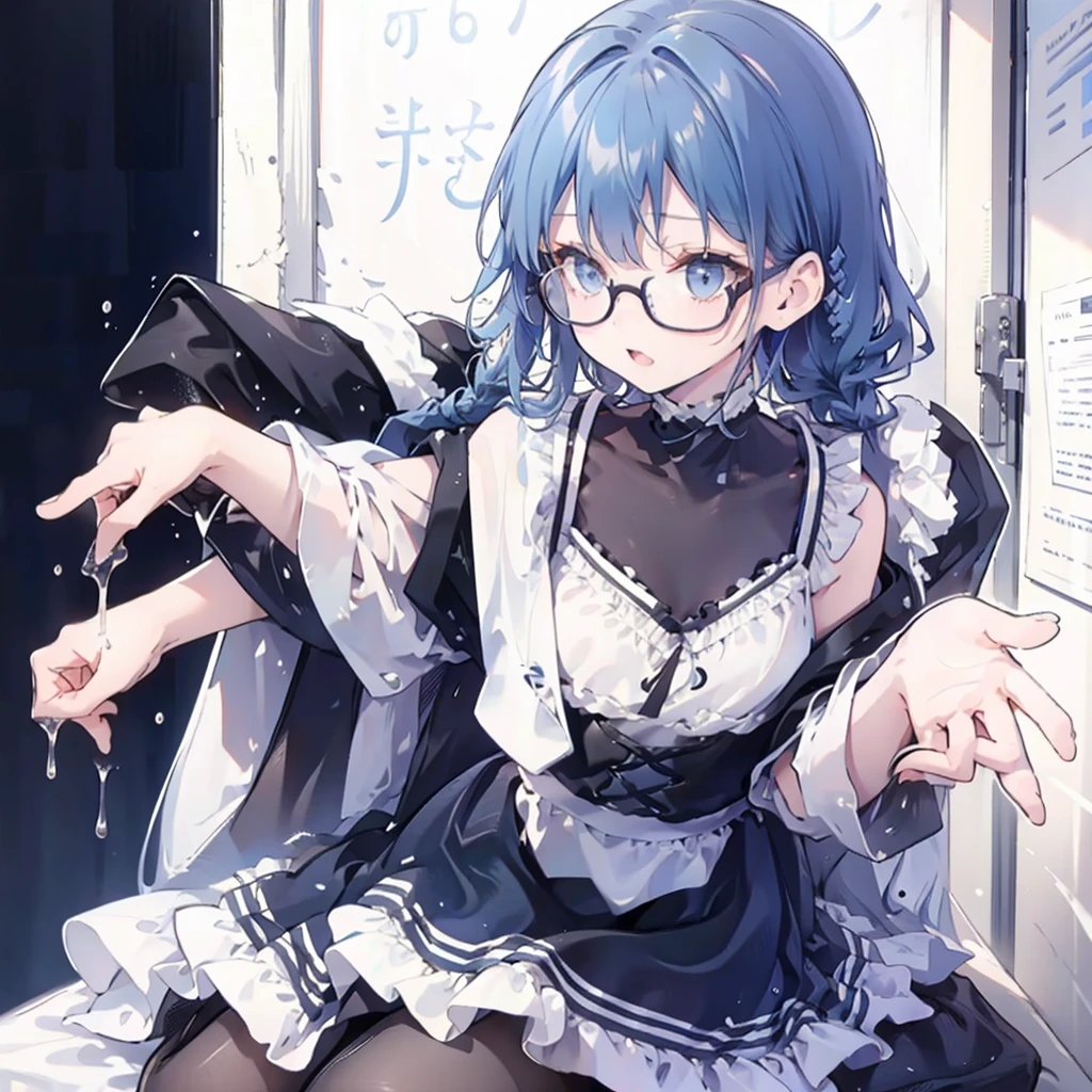 Gray and dark blue hair，With braids，Comes with a pair of thick-rimmed glasses，wearing white clothes，JK  black cloth dress，Shor a cute little ，Face shot