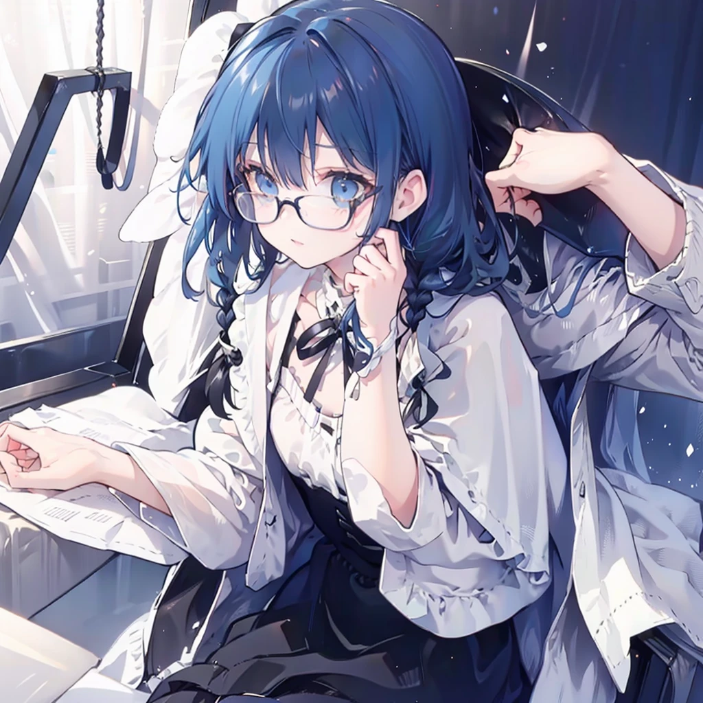 Gray and dark blue hair，With braids，Comes with a pair of thick-rimmed glasses，wearing white clothes，JK  black cloth dress，Shor a cute little ，Face shot