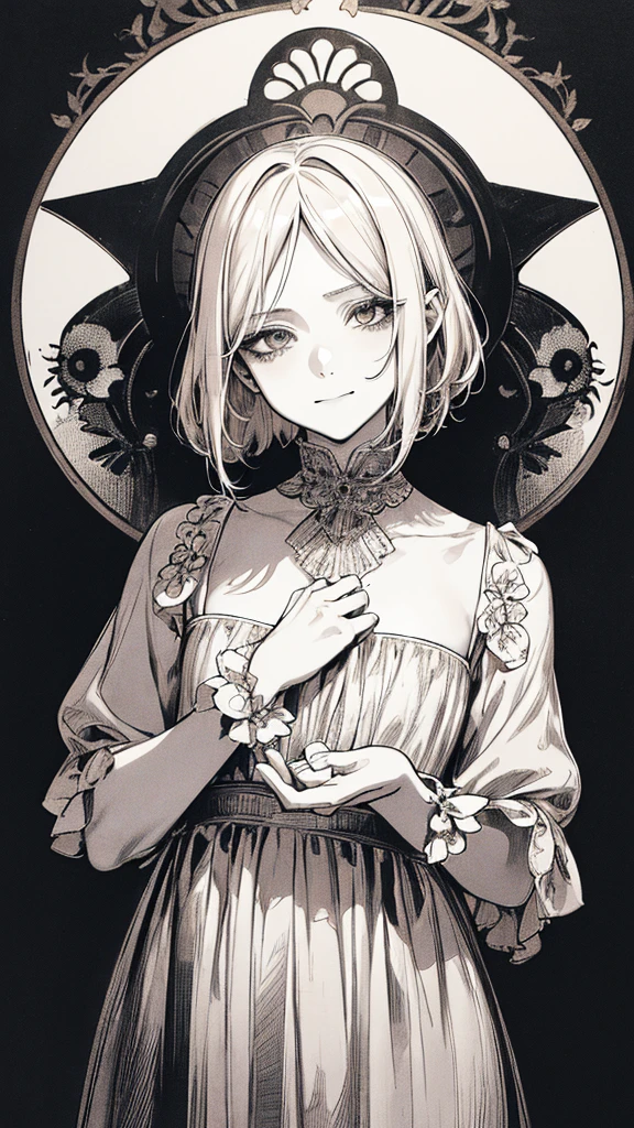 Highest quality, (Background details), High Contrast, Very beautiful , Detailed original illustrations,very small stature、Baby Face、Villain、gnome,Villain、 Wavy platinum blonde hair、Bob Cut Hair、 Delicate face, Spoiled brat、White sundress、Real breasts, Flat Chest、Crazy Smile, Crazy Eyes, Black background, (Black background: 1. 5), Beautiful line art, Monochrome