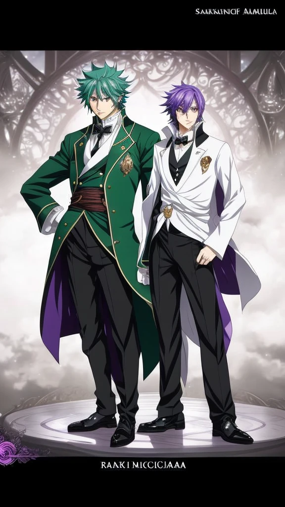 anime characters dressed in formal clothes standing next to each other, an album cover inspired by Okumura Masanobu, Trends in CG society, neo-romanticism, two handsome anime men, one man with green hair and the other man with purple hair, akehiko inoue y ross tran, two men, elegant anime key visual, beautiful androgynous prince, Sakimichan and Frank Franzzeta, androgynous prince