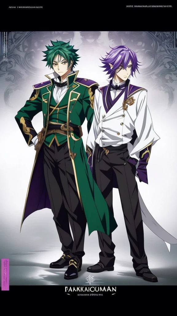 anime characters dressed in formal clothes standing next to each other, an album cover inspired by Okumura Masanobu, Trends in CG society, neo-romanticism, two handsome anime men, one man with green hair and the other man with purple hair, akehiko inoue y ross tran, two men, elegant anime key visual, beautiful androgynous prince, Sakimichan and Frank Franzzeta, androgynous prince