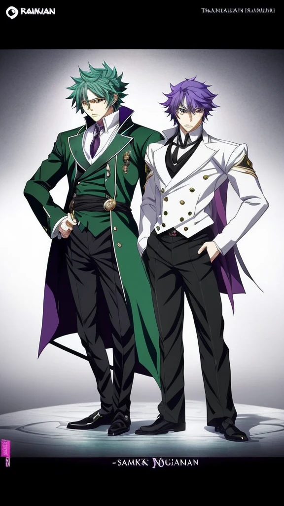 anime characters dressed in formal clothes standing next to each other, an album cover inspired by Okumura Masanobu, Trends in CG society, neo-romanticism, two handsome anime men, one man with green hair and the other man with purple hair, akehiko inoue y ross tran, two men, elegant anime key visual, beautiful androgynous prince, Sakimichan and Frank Franzzeta, androgynous prince