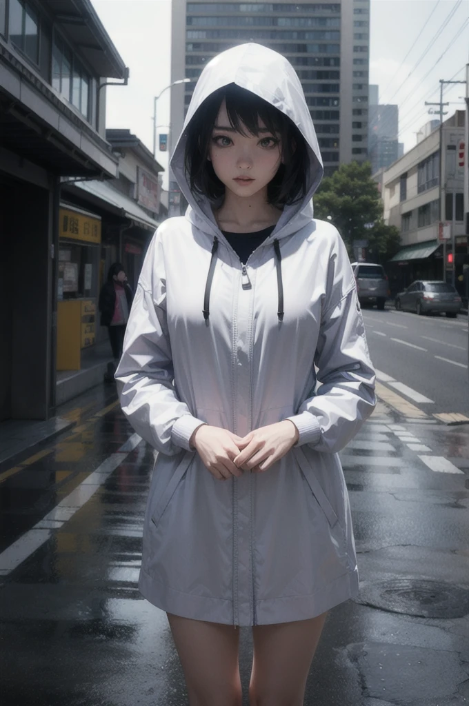 ((Highest quality)), ((masterpiece)), (Familiar), (High resolution), (Oneccurate), (Realistic), (Cinematic), (Best Shadow), (Low contrast), (8K), Perfect Face, ((SYd MEOned style)), manga、mangaデザイン、Storyboarding、Frame splitting、One woman standing in the middle of an intersection, (Replicant), (Artificial human world), Wearing a raincoat、Wearing a hood、Hollow Eyes、(Scramble crossing), There'To the police、The car is jammed、congestion, congestion, NEO TOKYO, One.d.2051, (vapor:1.2), It's raining white, evening, (The sky is orange), (Face close-up)、Bust Shot