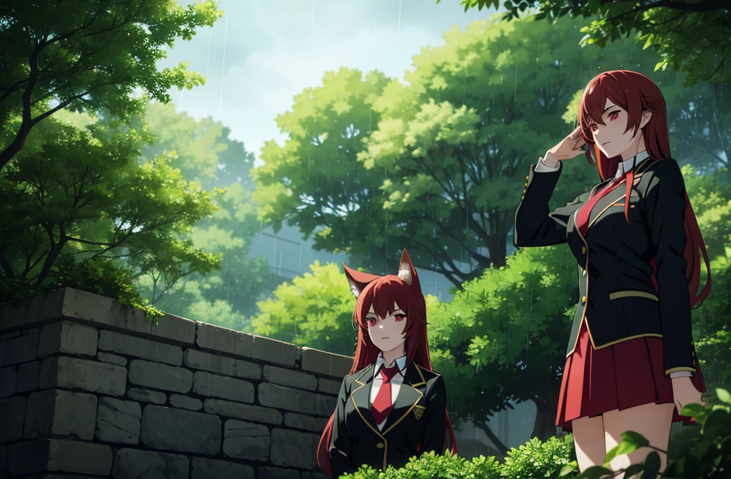 ((beautiful face)),1girl ,20s,mature female,solo,(red hair),long hair,red eyes,fox ears.serious,necktie,black jacket, blazer,long sleeves,pleated skirt,hair between eyes,score 9, source anime, wide shot, from below,dynamic pose,wet skin, rain drops, outdoor garden scene, lush green foliage, overcast sky, dramatic lighting, moody colors, cinematic, best quality, 8k, highres, masterpiece, ultra-detailed,