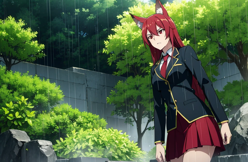 ((beautiful face)),1girl ,20s,mature female,solo,(red hair),long hair,red eyes,fox ears.serious,necktie,black jacket, blazer,long sleeves,pleated skirt,hair between eyes,score 9, source anime, wide shot, from below,dynamic pose,wet skin, rain drops, outdoor garden scene, lush green foliage, overcast sky, dramatic lighting, moody colors, cinematic, best quality, 8k, highres, masterpiece, ultra-detailed,