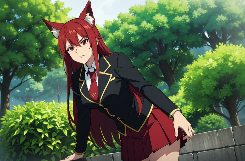 ((beautiful face)),1girl ,20s,mature female,solo,(red hair),long hair,red eyes,fox ears.serious,necktie,black jacket, blazer,long sleeves,pleated skirt,hair between eyes,score 9, source anime, wide shot, from below,dynamic pose,wet skin, rain drops, outdoor garden scene, lush green foliage, overcast sky, dramatic lighting, moody colors, cinematic, best quality, 8k, highres, masterpiece, ultra-detailed,