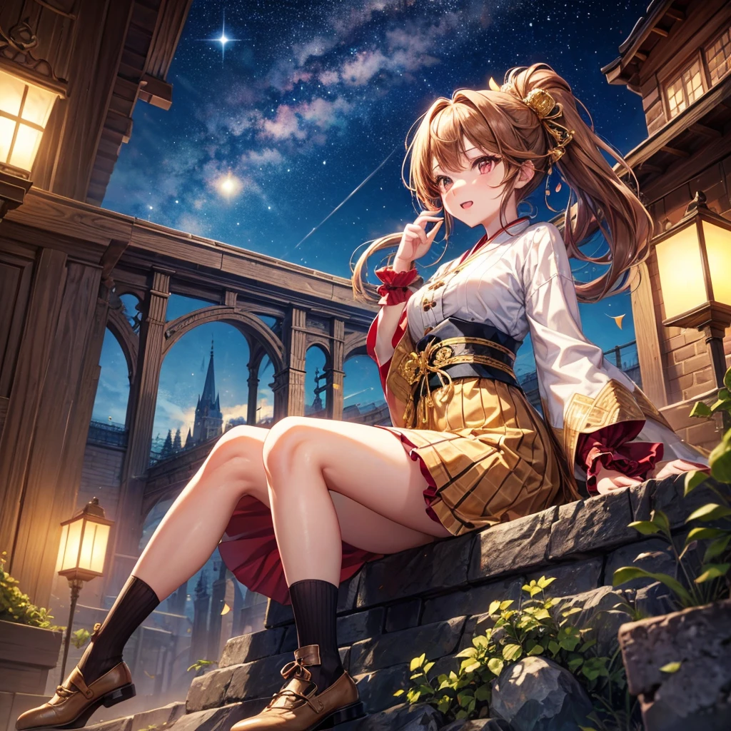 Brown and gold hair、Red gold eyes、Hair tied up、One good looking girl、solo、anime、Checkered mini skirt、Ruffles on the skirt、Checked dress、blouse、Kimono、button、Black knee-high socks、Ribbon、Ribbon on waist、Teeth are visible、Cobblestones、Starry Sky、Midnight Moon、suspension bridge、Confetti、Brick construction、Uphill、An old castle built on a rocky mountain、The scenery is reflected on the water、Sitting on the roof、Legendary Sword