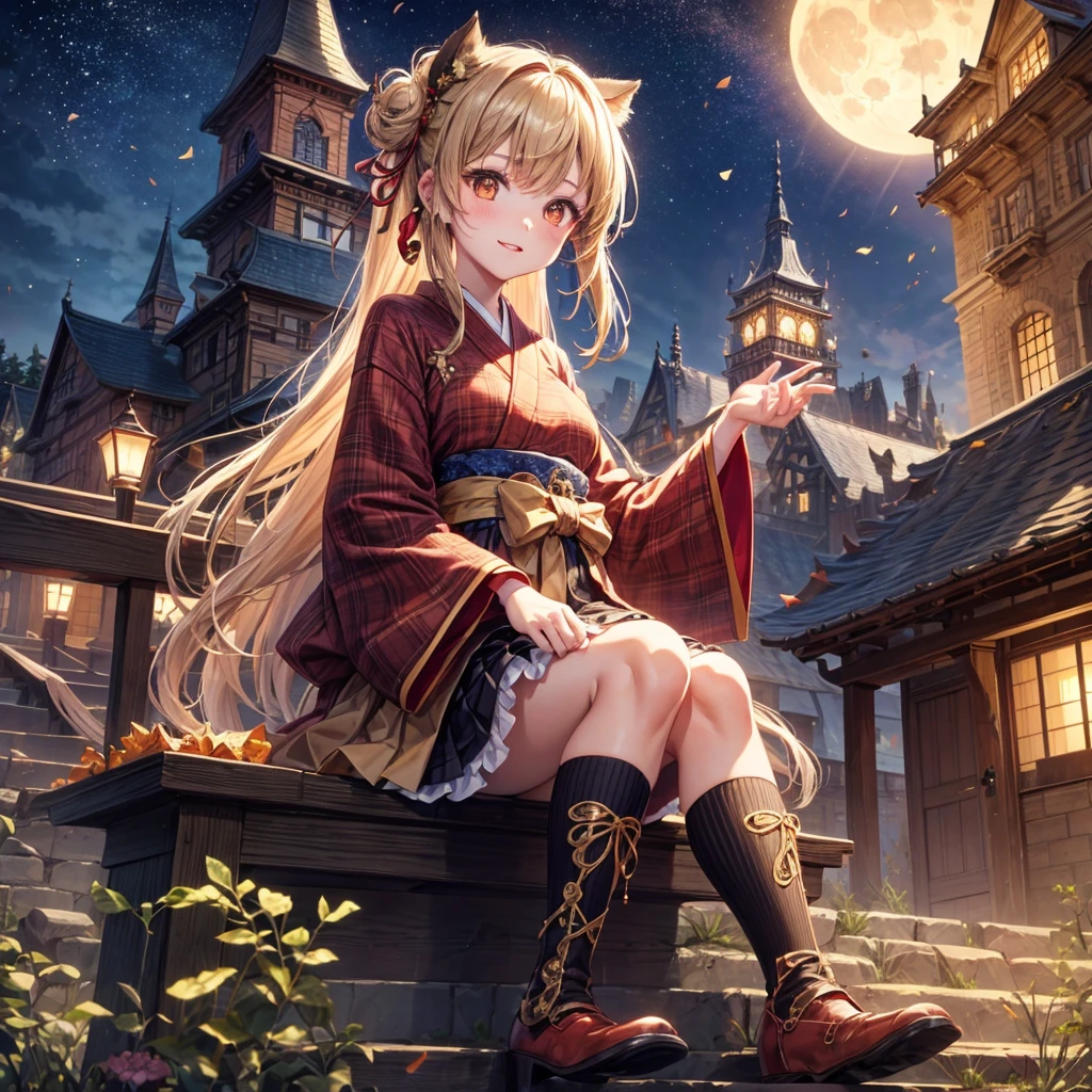 Brown and gold hair、Red gold eyes、Hair tied up、One good looking girl、solo、anime、Checkered mini skirt、Ruffles on the skirt、Checked dress、blouse、Kimono、button、Black knee-high socks、Ribbon、Ribbon on waist、Teeth are visible、Cobblestones、Starry Sky、Midnight Moon、suspension bridge、Confetti、Brick construction、Uphill、An old castle built on a rocky mountain、The scenery is reflected on the water、Sitting on the roof、Legendary Sword