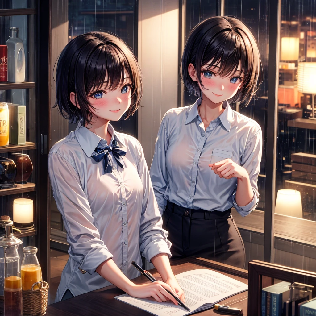 (8K, Top quality, masterpiece: 1.2), (Practical, photoPractical: 1.37), Very detailed, 1 girl, , Solitary, small breasts, Beautiful and detailed sky, Detailed café, night, (blush), (Smile: 1.15), (Shut up), small, (Collared shirt: 1.1), night, wet, Office Clothing, rain, White lace, (short hair: 1.2), NovaFrogStyle, Casual sexy poses,