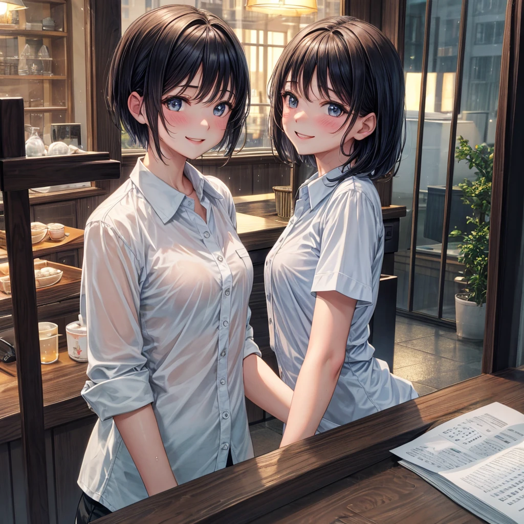 (8K, Top quality, masterpiece: 1.2), (Practical, photoPractical: 1.37), Very detailed, 1 girl, , Solitary, small breasts, Beautiful and detailed sky, Detailed café, night, (blush), (Smile: 1.15), (Shut up), small, (Collared shirt: 1.1), night, wet, Office Clothing, rain, White lace, (short hair: 1.2), NovaFrogStyle, Casual sexy poses,