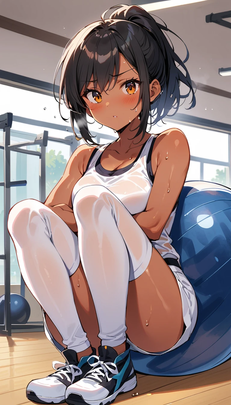 gym, exercise, hot, perspiration, sweaty, tan, Big , tanned skin, highly strung, blush, White clothis, see through, pantalonis de yoga, black fur, sitting on pelota de exercise, gym ball, pelota de exercise, is, is in shot, ankle boots, is on ball, White yogapants, White pants, White