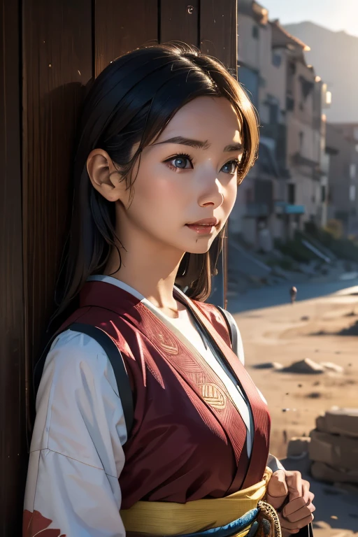 masterpiece, Transitioning desert landscape at sunset, Lonely Person, A beautiful 20-year-old woman appears dressed in nomadic clothing., Post-apocalyptic clothing. Layers of tattered cloth, unconventional accessories, 風化した外観はbornき残りと回復力のオーラを醸し出す, 16K, Ultra-high resolution.Realistic, Ultra-high resolution, born