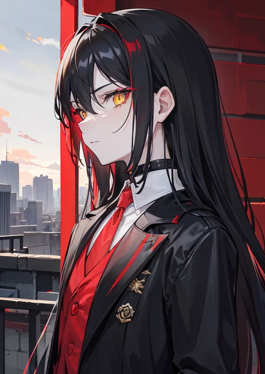 A young boy with pale white skin and striking yellow eyes stands out in the urban landscape. A prominent scar runs across his neck, hinting at a past filled with trials and tribulations. His long, jet-black hair cascades down to his shoulders, contrasting sharply with the crimson red horn that protrudes from his forehead.
He wears modern, stylish clothing in a combination of red and black, designed to meld into the shadows of the city while still making a bold statement. His eyes, despite their yellow hue, often reflect a golden glow, adding an eerie yet captivating aura to his presence.
This unique blend of features – the pale skin, the scar, the long black hair, the red horn, and the contrasting red and black attire – creates an unforgettable image of a boy who is both enigmatic and formidable in the modern world.