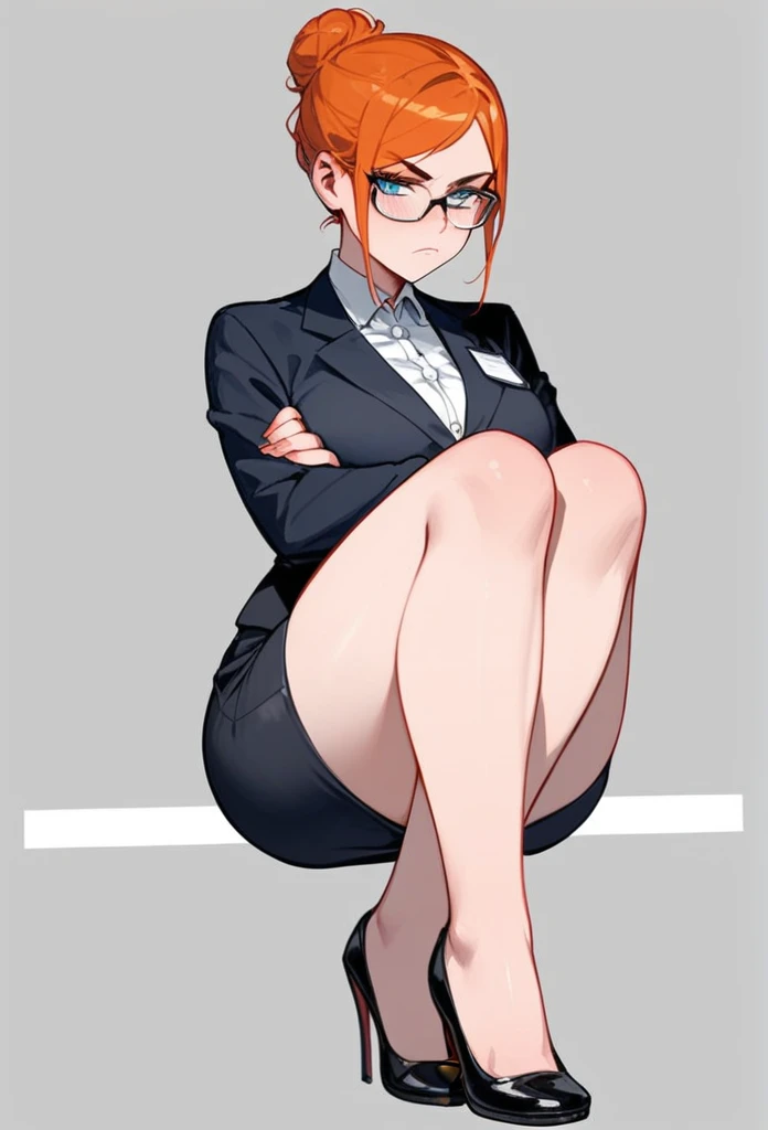 pale adult woman, large breasts, very thick thighs, wide hips, short ginger hair in a sleek hairbun, glasses, tight black blazer, tight black pencil skirt, thick thighs pressed together, bare feet, small feet, black nail polish, pressing one foot against a male student’s face, woman has 5 toes on each foot, slender feet, bored expression, strict teacher, dominant, facing forward