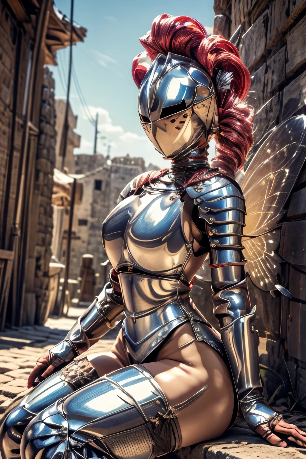 masterpiece, best quality, erfly_wings, thighhighs, bottomless, breae, nude, wides, kardiaofrhodes, helmet, plume, gauntlets, thighhighs, bottomless, breastplate, nide hips, hugs, sitting on a wall