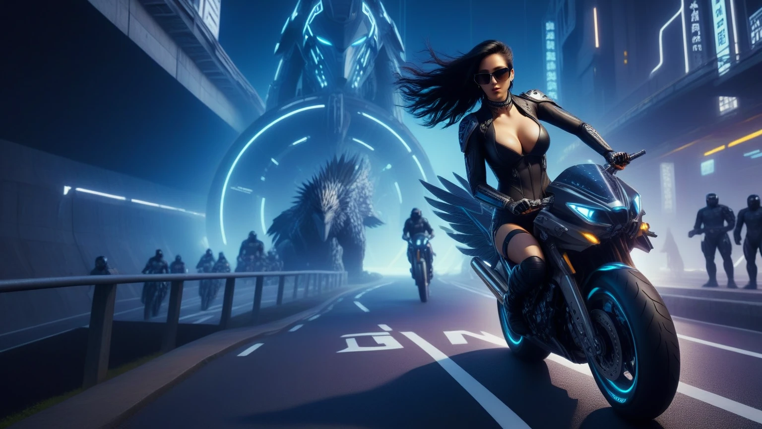 C7b3rp0nkStyle, dark night, prehistoric maze mysterial park, moai statue, waterfall, eagle, cyberpunk, sci-fi, futuristic, tech. (((((1girl, solo, alone, superbiker, close-up superbike shot))))), medium-breast:1.1 slim body, cleavage, sexy clothes, (headphone, black sunglasses, long black realistic hair), (((superbike riding and holding pistol poses))), half-body thigh level medium shot, cinematic lighting, lens flare, ray tracing.