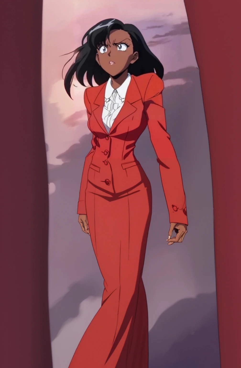 90s anime Evil black skinned business woman in a red suit and long red skirt