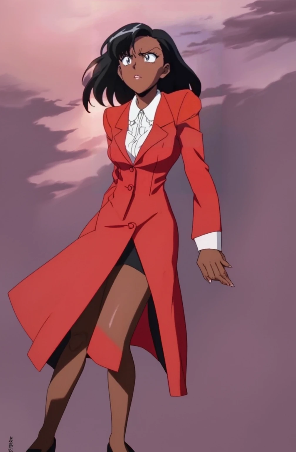 90s anime Evil black skinned business woman in a red suit and long red skirt 