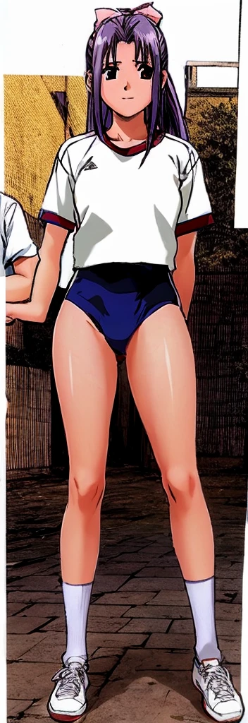 Momoko Koigakubo, a tall girl with beautiful legs, is standing with a smile on her face, wearing white gym clothes and light navy blue bloomers that look like panties, with her legs spread to the sides.。Next to Momoko Koigakubo is a second-grade boy wearing a tracksuit, who is smiling and being held by Momoko Koigakubo.。