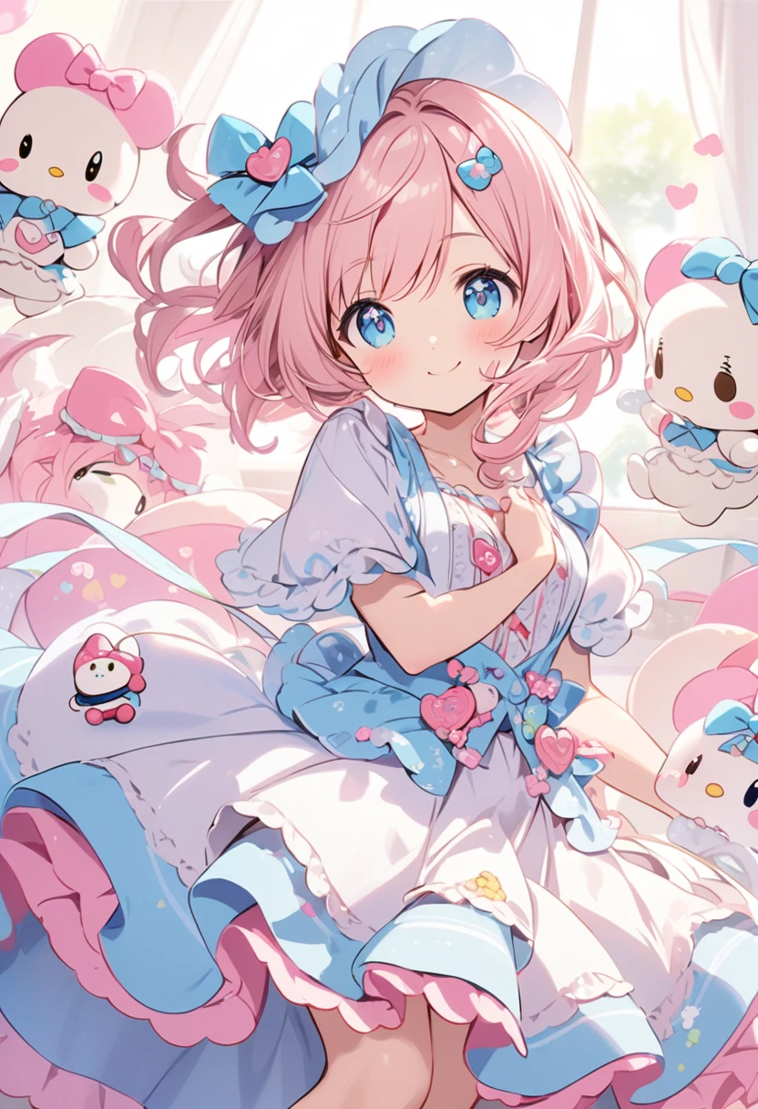 Bunny morphing a cute girl, Fluffy, Soft ((Best Quality)), ((masutepiece)), ( Extreme Detail, Highest detail, Official art, Beauty and aesthetics: 1.2), depth of fields, Composition, Full body, (Chibi), (Beautiful and detailed eyes: 1.3), (Very happy: 1), Colorful small balloons on blurred background