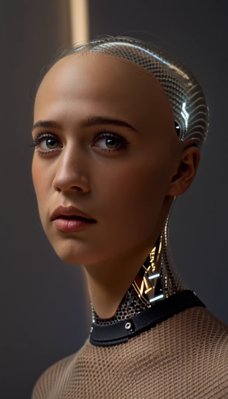 a beautiful cyborg android woman, portrait, transparent skin, looking directly at the viewer, (best quality,4k,8k,highres,masterpiece:1.2),ultra-detailed,(realistic,photorealistic,photo-realistic:1.37),hyper detailed face,extremely detailed eyes and face,longeyelashes,beautiful detailed lips,beautiful detailed eyes,intricate cyberpunk style, cinematic lighting, vivid colors, volumetric lighting, dramatic shadows, moody atmosphere, futuristic, sci-fi, digital art