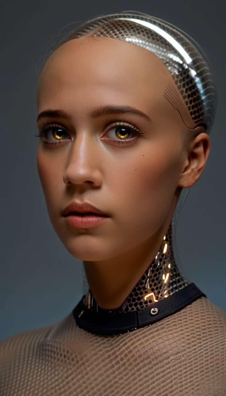 a beautiful cyborg android woman, portrait, transparent skin, looking directly at the viewer, (best quality,4k,8k,highres,masterpiece:1.2),ultra-detailed,(realistic,photorealistic,photo-realistic:1.37),hyper detailed face,extremely detailed eyes and face,longeyelashes,beautiful detailed lips,beautiful detailed eyes,intricate cyberpunk style, cinematic lighting, vivid colors, volumetric lighting, dramatic shadows, moody atmosphere, futuristic, sci-fi, digital art