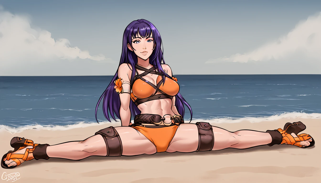 summer mia, purple long hair, orange bikini,armband,wristband,thigh strap,belt,sandals, One girl, An athletic body, Sitting, On the floor, Split Horizon, stretch, horizontal splits, stretch regs, sea, hands on floor