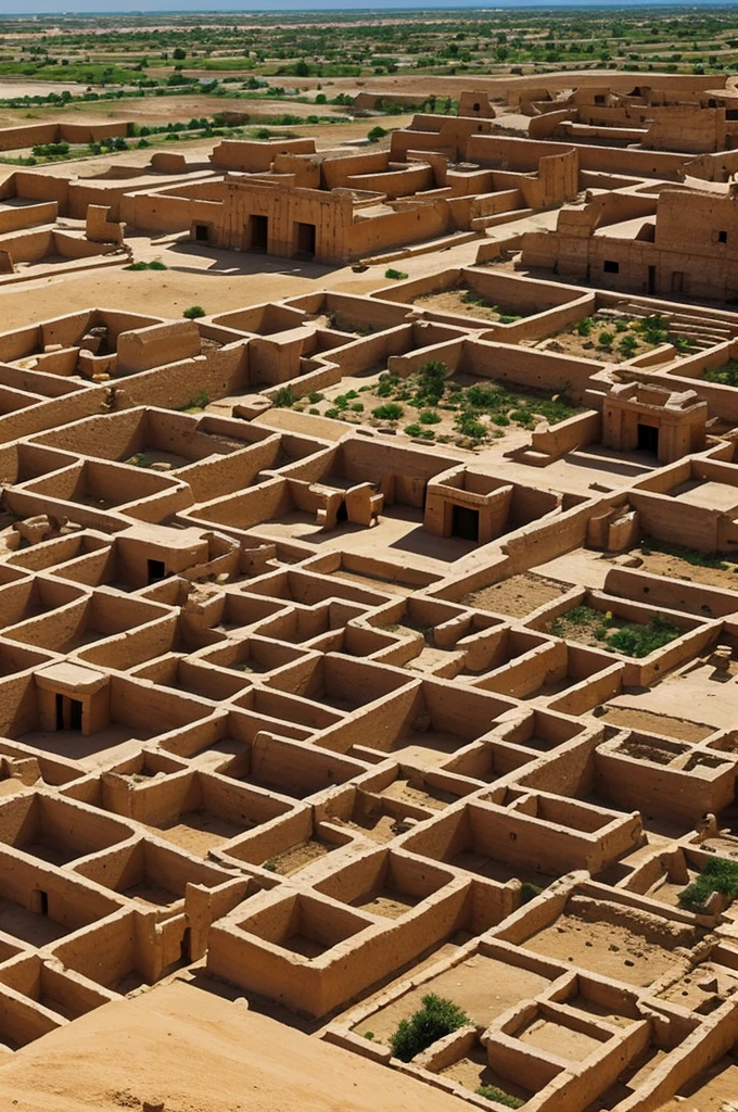 Ancient Sumerian city with clay houses and orange tile roofs