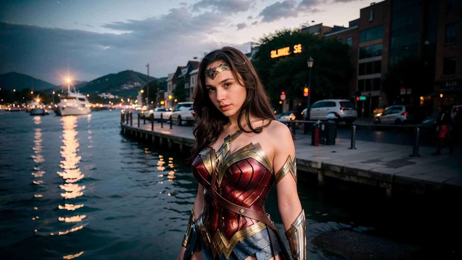 ((masterpiece), (solo character), (photorealistic:1.4), ),(best quality), (epiCRealLife), (g4lg), (g4lg large breasts), (g4lg show cleavages), (Gal Godot in wonder woman costume), (lora:epiCFlashPhoto),(flashphoto), (flash photography) (look at viewers), , (photoshoot), (wonder woman theme), (outdoor photoshoot), (night time), (Gal Godot running, (boots), (lakeside)