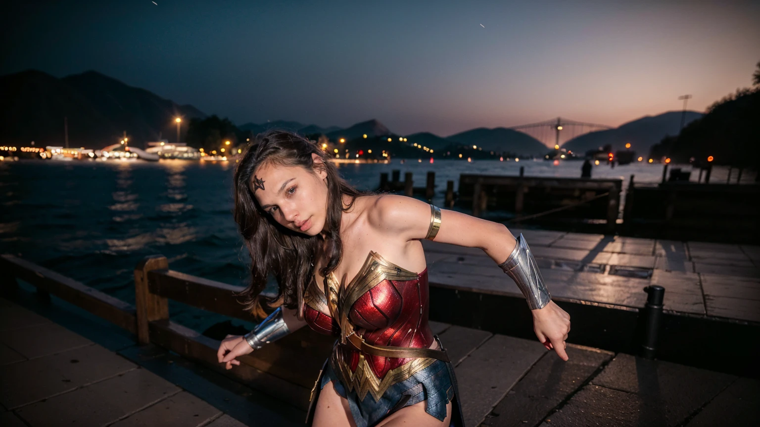 ((masterpiece), (solo character), (photorealistic:1.4), ),(best quality), (epiCRealLife), (g4lg), (g4lg large breasts), (g4lg show cleavages), (Gal Godot in wonder woman costume), (lora:epiCFlashPhoto),(flashphoto), (flash photography) (look at viewers), , (photoshoot), (wonder woman theme), (outdoor photoshoot), (night time), (Gal Godot running, (boots), (lakeside)