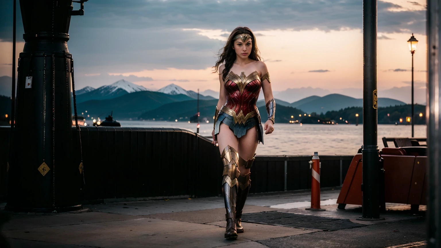 ((masterpiece), (solo character), (photorealistic:1.4), ),(best quality), (epiCRealLife), (g4lg), (g4lg large breasts), (g4lg show cleavages), (Gal Godot in wonder woman costume), (lora:epiCFlashPhoto),(flashphoto), (flash photography) (look at viewers), , (photoshoot), (wonder woman theme), (outdoor photoshoot), (night time), (Gal Godot running, (boots),  (lakeside)