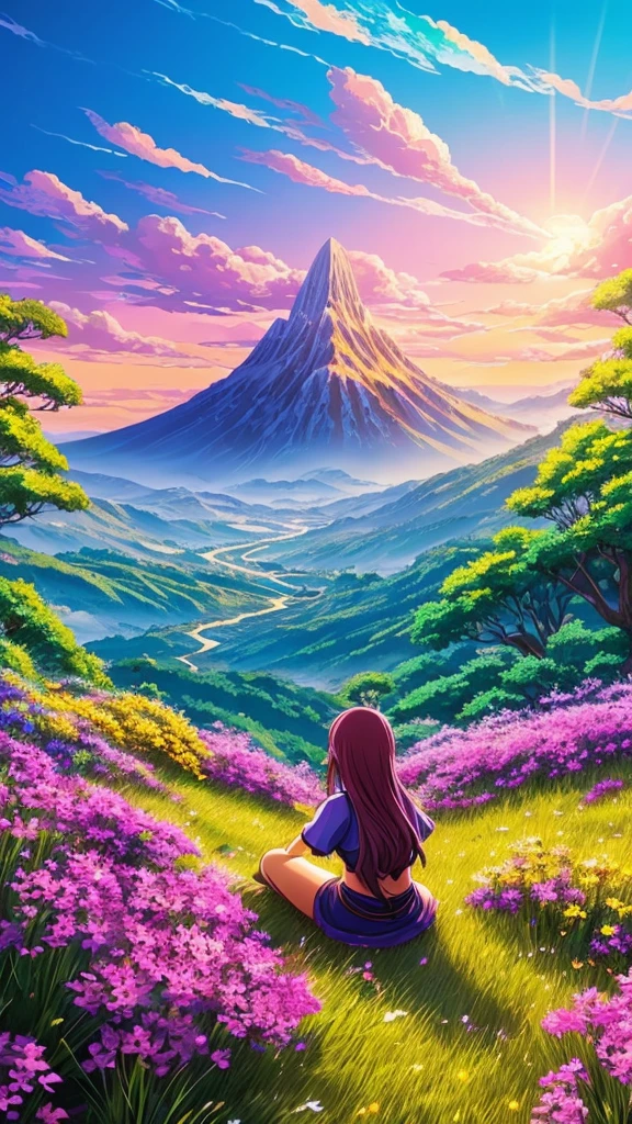 anime-style illustration, The image shows a young woman sitting on the grass watching the vast expanse of clear blue sky and mountain, flower colorful color blue red green purple yellow, fantasy world medieval, rocks, The scene is depicted in a highly saturated and vibrant style, Vibrant colors include deep purples, electric blues, neon pinks, and shimmering golds. The lighting is ethereal, intense and rich COLORS VIVID, strong exaggerated colors, glowing everywhere, dramatic lighting, epic, majestic, awe-inspiring, mystical, ethereal, The sky above is clear blue sky, The atmosphere is full of magical color films, High Detail.