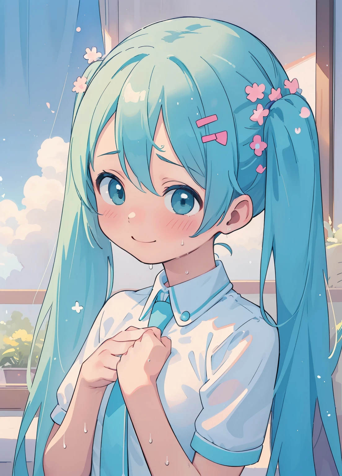 (masterpiece、Highest quality、Highest quality、Official Art、Beautiful and beautiful:1.2)、(1人のgirl:1.3)Hatsune Miku、Twin tails,Beautiful breasts,girl, Sweat, vapor, Mid-chest, shy, Detailed hands, View your viewers, A light smile,