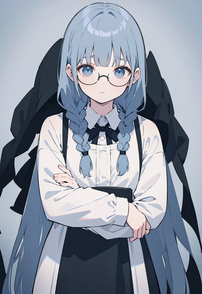 Gray and dark blue hair，With braids，Comes with a pair of thick-rimmed glasses，wearing white clothes，JK  black cloth dress，Shor a cute little ，Face shot