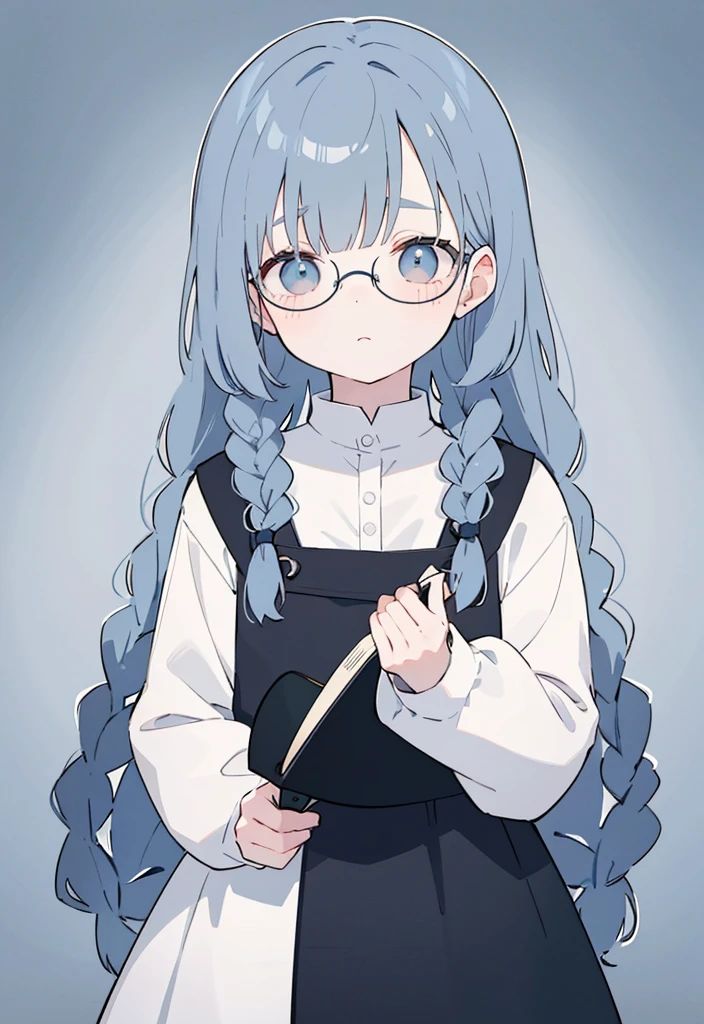 Gray and dark blue hair,With braids,Comes with a pair of thick-rimmed glasses,wearing white clothes,JK black cloth dress,Shor a cute little ,Face shot