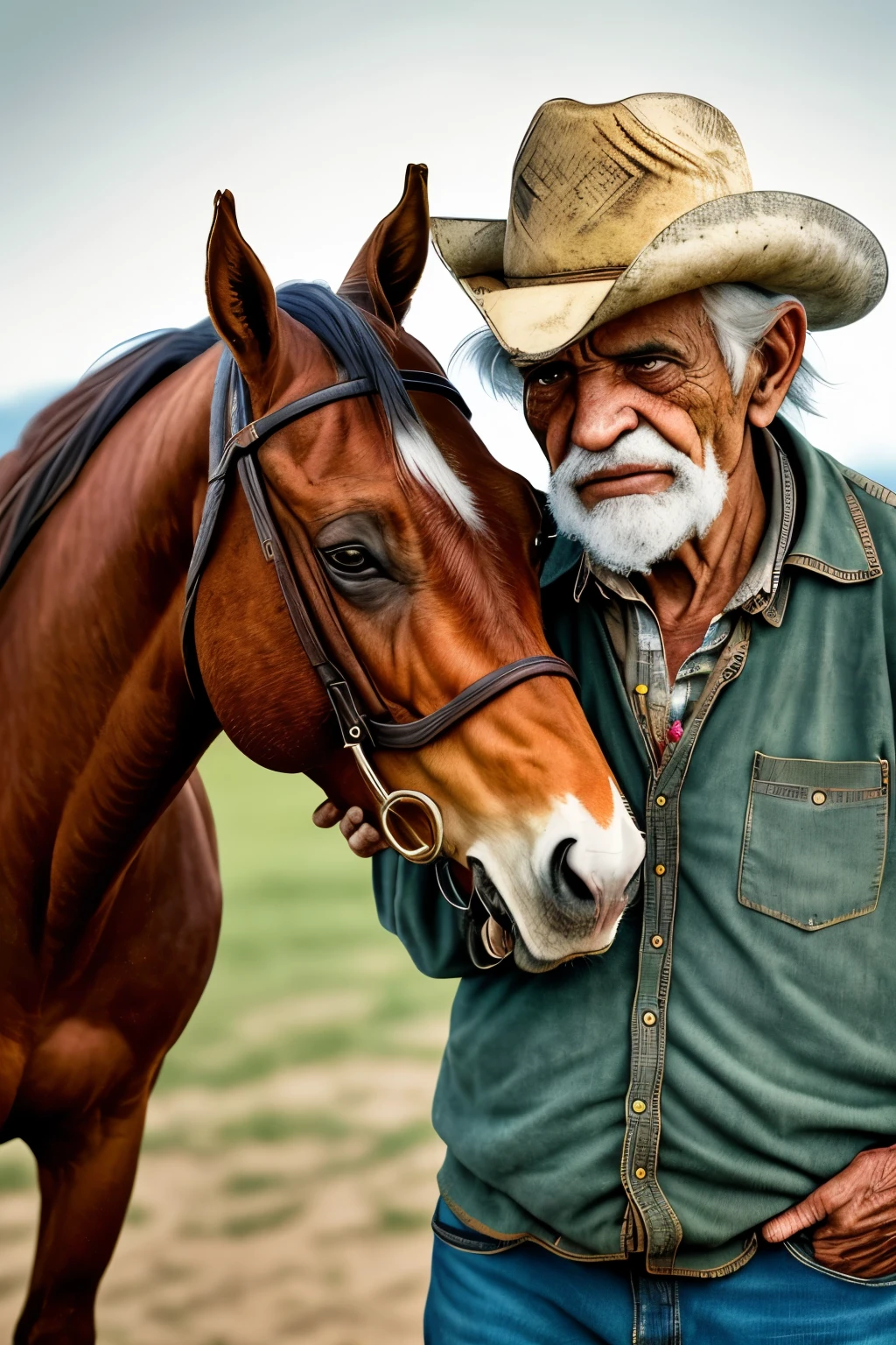 Picture Prompt:
An elderly Brazilian man, surrounded by chaos and nostalgia, is depicted in this masterpiece. With a weathered face and twinkling eyes that hold a story untold, he interacts intimately with his best friend's horse. The horse, equally seasoned, stands with a calm demeanor, mirroring the man's resilience. The scene is captured in the best quality, with ultra high resolution, showcasing the intricate details of the man's worn-out cowboy hat, the wrinkles around his eyes, and the horse's rugged texture. The image captures a moment of friendship and camaraderie, as the man
