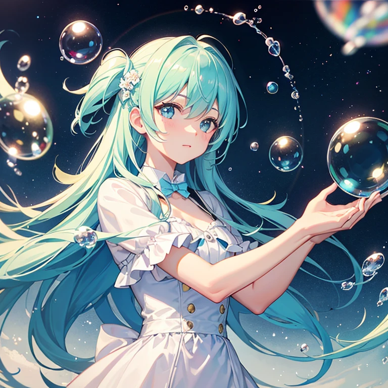 Miku with wet clothes, (see through :1.2), singing in the sky, shiny blue hair, shiny blue eye, Bubble anime lighting theme, fantasy realistic anime --auto --s2