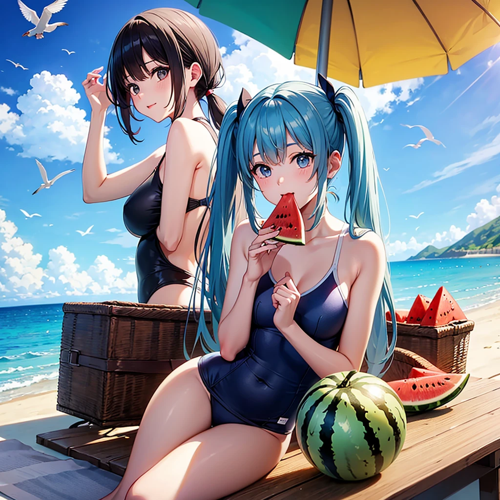Light blue long hair、Beautiful girl with twin tails、A beautiful girl eating watermelon on the beach、Cute Swimsuit、Blue sky、Seagulls are flying、