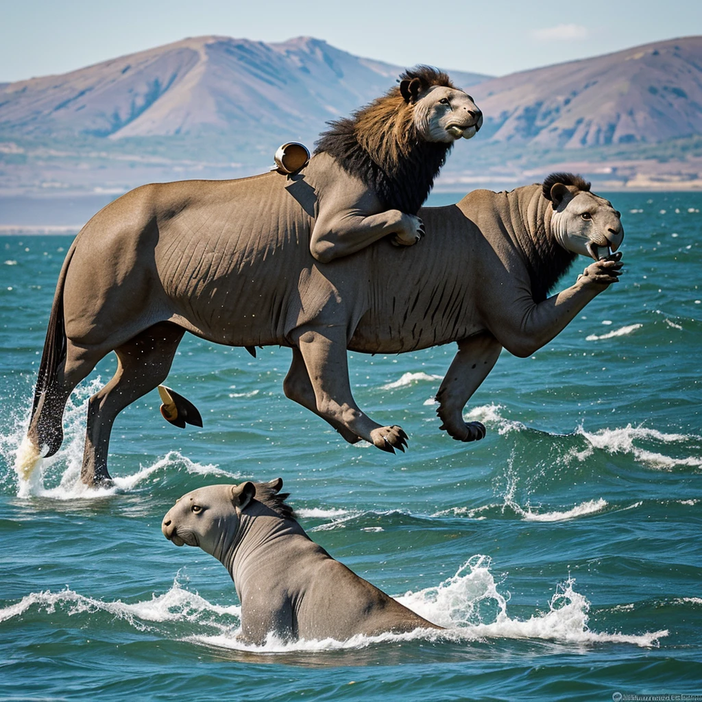 Unique composition that mixes four different types of animals in one with a Lion's leg, a Parakeet's head, a Langure's mouth, and an African Manatee's limbs. Animals must be integrated to create a single figure that is visually appealing and suitable for printing on t-shirts. The image should have a high quality, transparent background for overlaying on different fabric colors, and may include a subtle frame of wind and water around the composition or random frames that complement the theme. Use vibrant, contrasting colors, and include stylized elements that highlight the animals' characteristics.