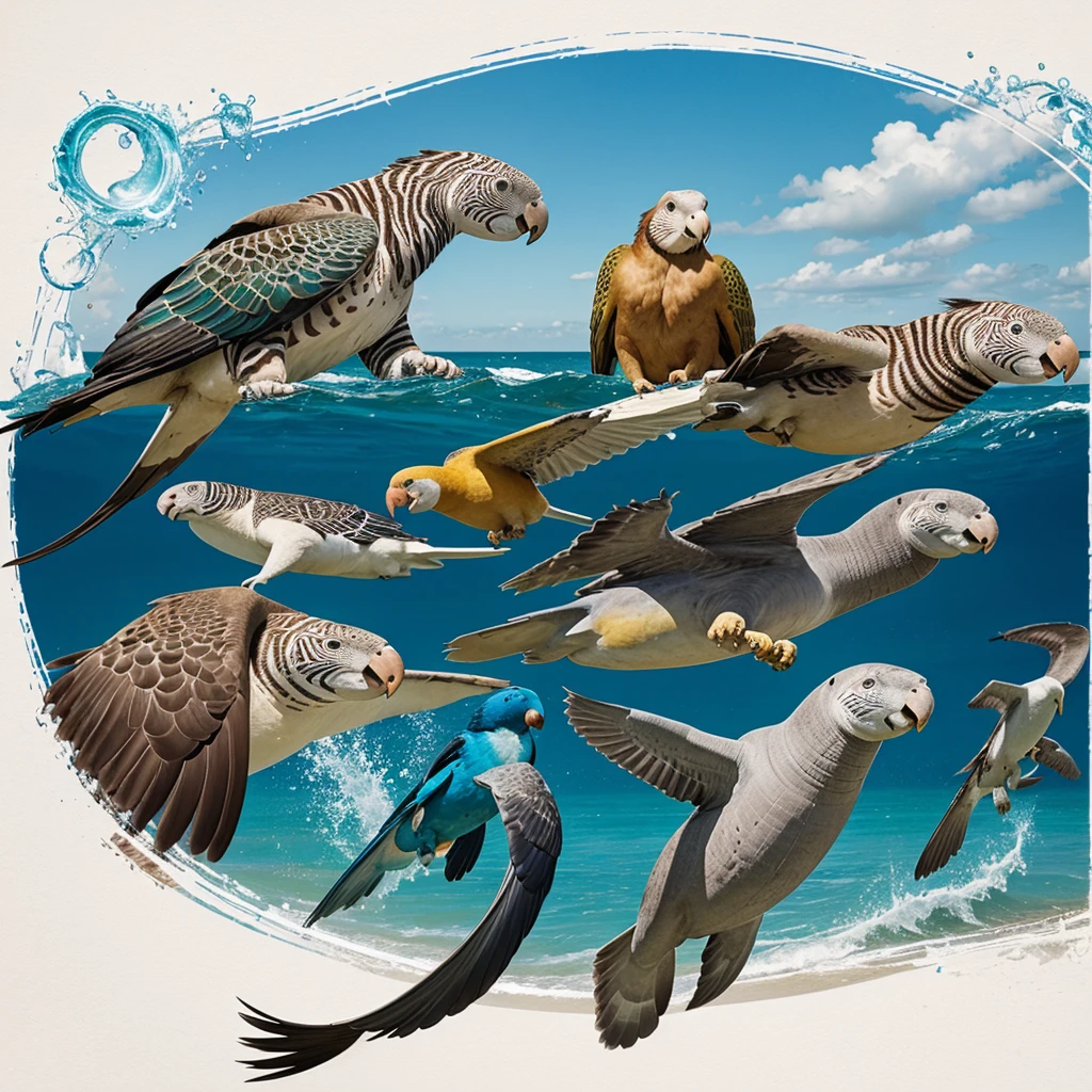 Unique composition that mixes four different types of animals in one with a Lion's leg, a Parakeet's head, a Langure's mouth, and an African Manatee's limbs. Animals must be integrated to create a single figure that is visually appealing and suitable for printing on t-shirts. The image should have a high quality, transparent background for overlaying on different fabric colors, and may include a subtle frame of wind and water around the composition or random frames that complement the theme. Use vibrant, contrasting colors, and include stylized elements that highlight the animals' characteristics.