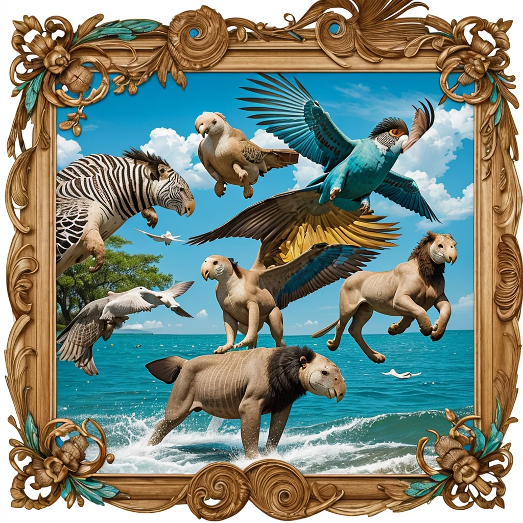 Unique composition that mixes four different types of animals in one with a Lion's leg, a Parakeet's head, a Langure's mouth, and an African Manatee's limbs. Animals must be integrated to create a single figure that is visually appealing and suitable for printing on t-shirts. The image should have a high quality, transparent background for overlaying on different fabric colors, and may include a subtle frame of wind and water around the composition or random frames that complement the theme. Use vibrant, contrasting colors, and include stylized elements that highlight the animals' characteristics.