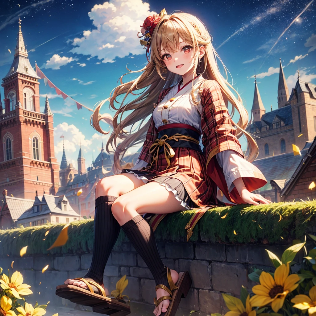 Pink gold golden hair、Golden Eyes、One good looking girl、solo、anime、Checkered mini skirt、Ruffles on the skirt、Red T-shirt、Cape、Gothic、Black knee-high socks、bandana、Wearing a ribbon、Ribbon on waist、Tilting face、Teeth are visible、Sunset sky、Piercing the clouds、Contrail、tree、Touching your face、lotus leaves、Cumulonimbus、Pillar of Light、Magic wand、Sitting on a golden treasure chest